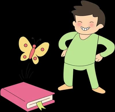 Boy standing with hands on hips beside a pink book with a butterfly rising from it