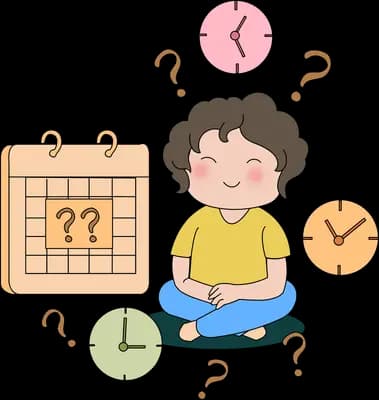 Boy sitting cross-legged surrounded by clocks, a calendar and question marks
