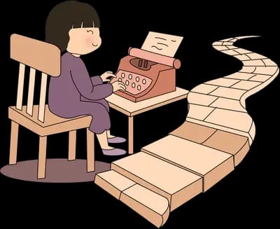 Girl sitting on a wooden chair typing at a typewriter beside wooden steps