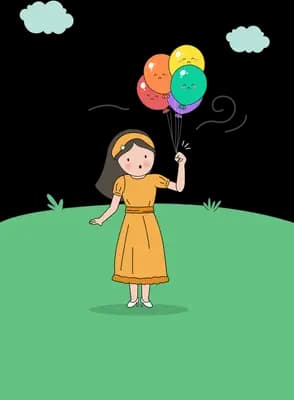 Girl in an orange dress holding balloons on a green field under clouds above a blank panel