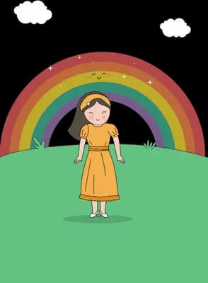 Girl in an orange dress standing on a green field in front of a rainbow above a blank panel