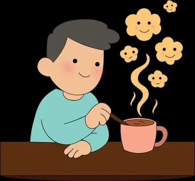 Man at a table stirring a steaming mug with smiling cookie faces floating above