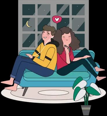 Two women sitting close on a teal sofa by a window with a heart between them