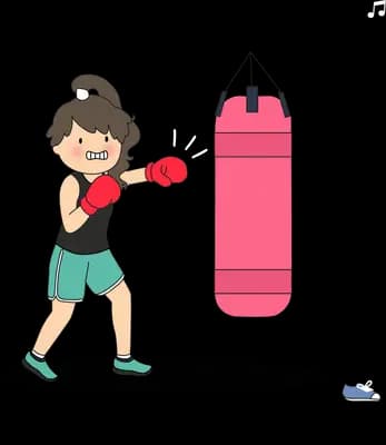 Girl in boxing gloves punching a pink punching bag