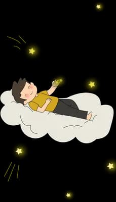 Boy lying asleep on a white cloud surrounded by floating glowing orbs