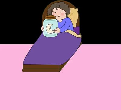 Girl propped up in bed under a purple duvet holding a tablet on a pink panel