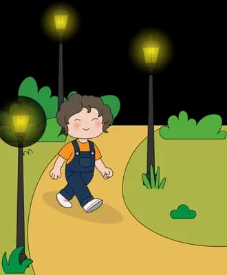 Boy with a backpack walking down a path between two tall streetlamps