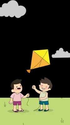 Two boys flying a yellow kite together on a green field