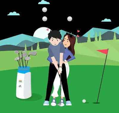 Man guiding a woman's golf swing on a green course with a flag and club bag