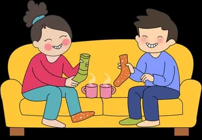Woman and man sitting on a yellow sofa exchanging wrapped gifts