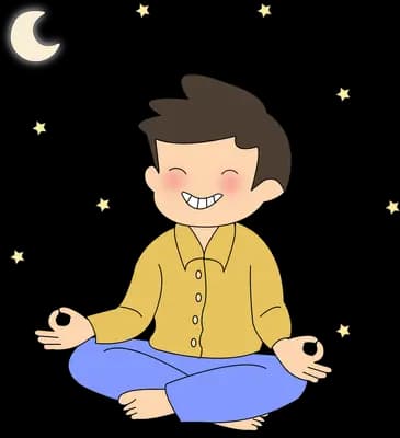 Man sitting cross-legged meditating under a crescent moon and stars