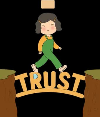Girl walking across a wooden bridge lettered trust