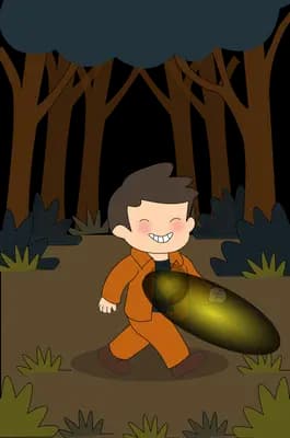 Boy holding a glowing light while walking through a dark forest