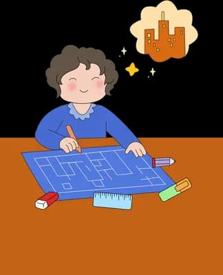 Boy drawing a blueprint at a desk with a building in his thought bubble