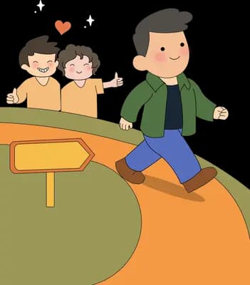 Man walking up a path toward two children waiting on a hill with hearts