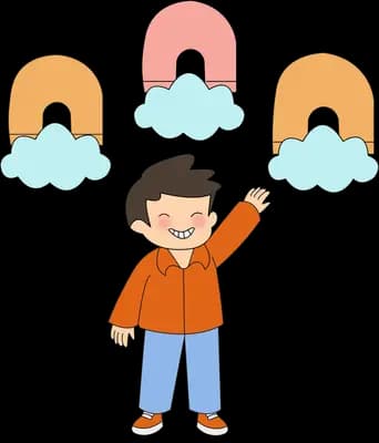 Boy reaching up toward rainbow arches resting on clouds
