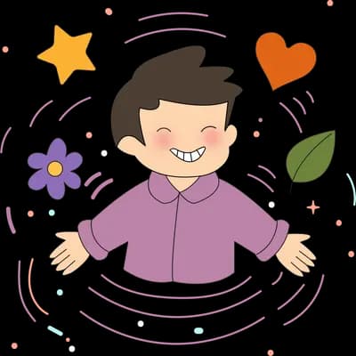 Boy with arms open surrounded by a star, heart, flower and leaf