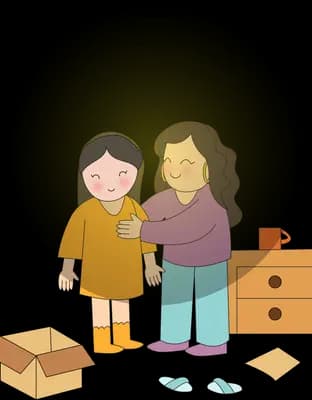 Two women hugging among moving boxes in a glowing circle of light