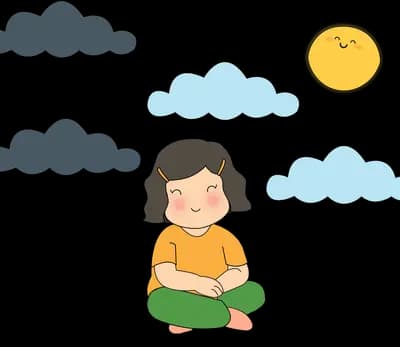 Girl sitting cross-legged between dark storm clouds and bright clouds with the sun