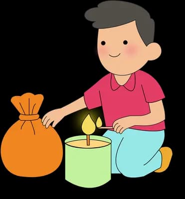 Man kneeling to set a glowing lantern beside a full sack