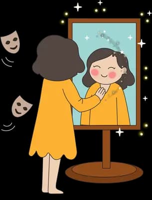 Woman at a lit vanity mirror with theatre masks floating beside her