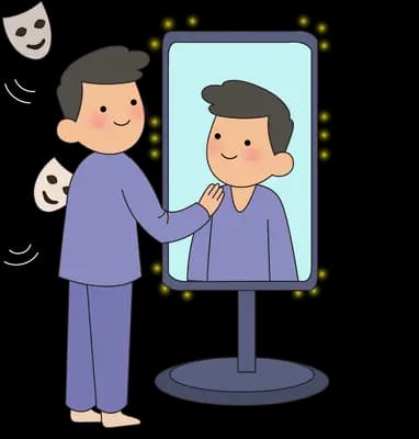 Man holding a mask in front of a lit vanity mirror showing his true face