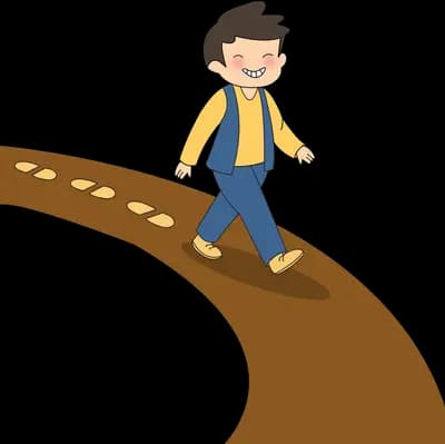 Boy walking along a curving brown path marked with footprints