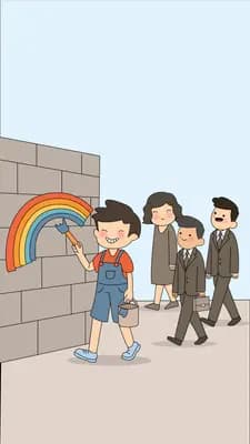 Child painting a rainbow on a grey wall while adults walk past