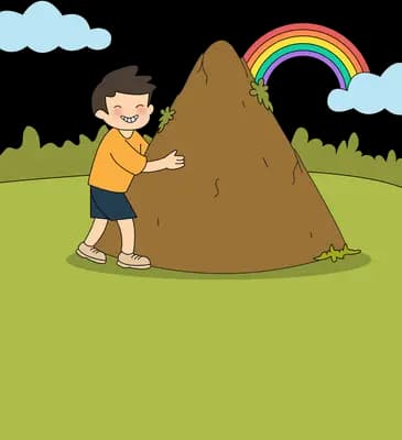 Boy pushing against a large brown mound with a rainbow behind it