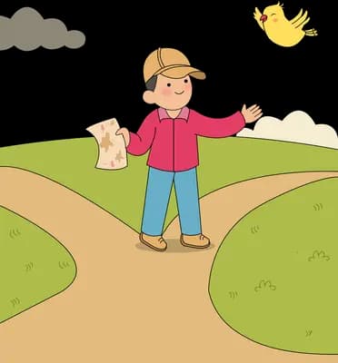 Boy in a cap holding a map at a fork in the path with a bird overhead