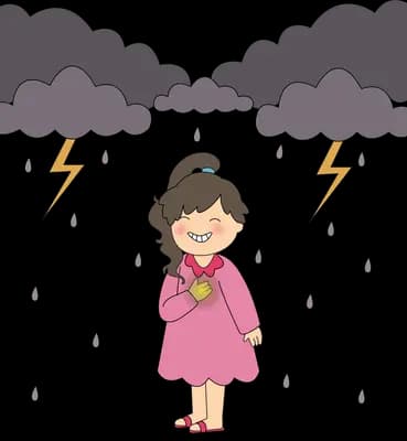 Girl standing calmly under dark storm clouds with lightning and rain