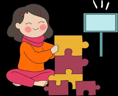 Woman sitting on the floor stacking oversized puzzle pieces beside a blank signboard