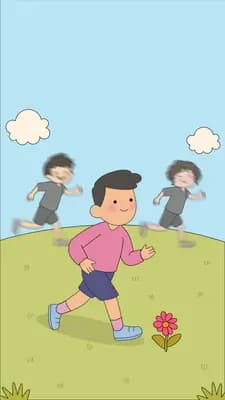 Boy running across a green field with faint shadowy figures behind him