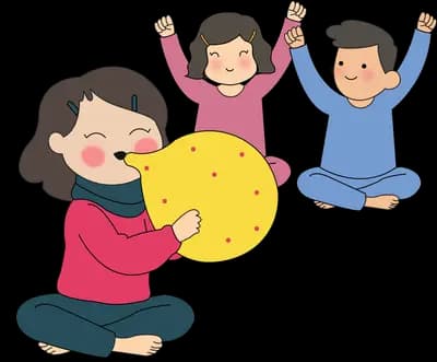 Woman holding a big yellow moon while two children cheer with raised arms