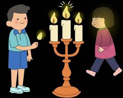 Boy holding a glowing orb beside a lit candelabra as a girl walks past a mirror