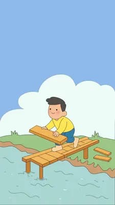 Boy building a wooden pier out over the water