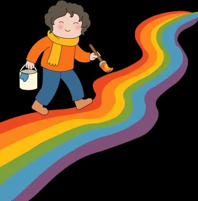 Boy walking up a rainbow while painting it with a brush and paint bucket