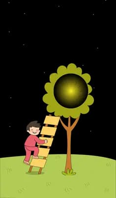Two children sitting together under a tree with a dark glowing canopy