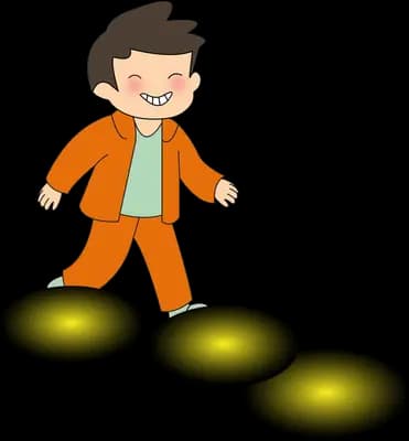 Boy stepping carefully across floating dark stepping stones