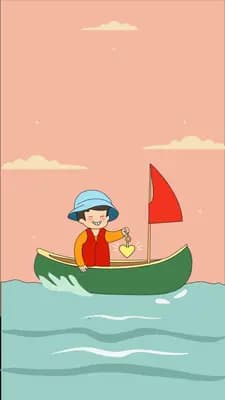 Boy sailing a small boat with a red sail on the sea at sunset