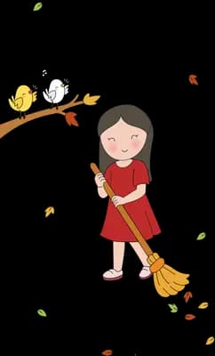 Girl sweeping fallen leaves with a broom while birds sit on a branch above