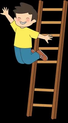 Boy waving while climbing a tall wooden ladder