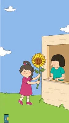 Girl handing a sunflower through a window to a boy inside