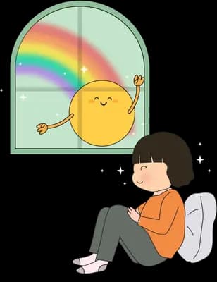 Girl hugging her knees below a window where a smiling sun and rainbow appear