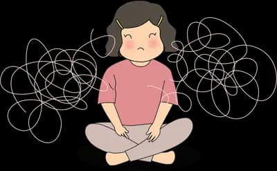 Girl sitting cross-legged with faint white swirls drifting around her