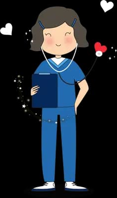 Nurse in blue scrubs holding a clipboard and a heart tipped stethoscope