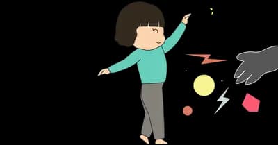 Girl balancing on a tightrope while question mark and lightning shapes float around her