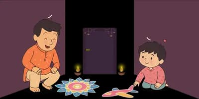 Two children sitting in a doorway drawing a rangoli on the floor