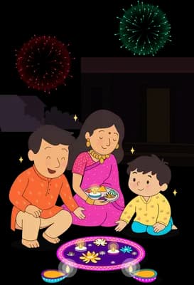 Family lighting diyas around a rangoli as fireworks burst outside the window