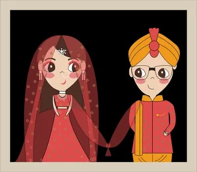 Framed portrait of an indian bride and groom holding hands in wedding dress
